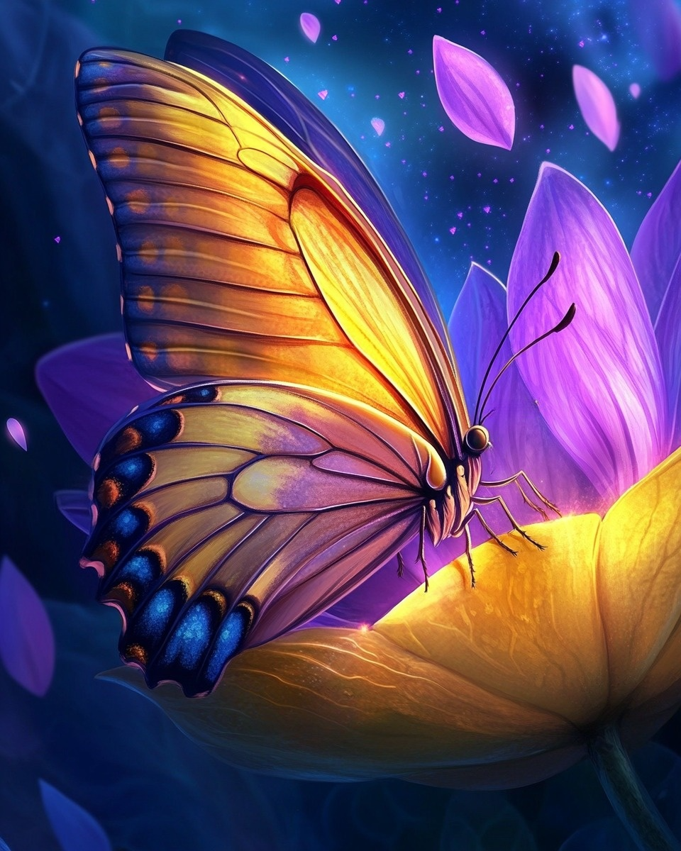 Yellow Butterfly And Purple Flowers Diamond Art Kit