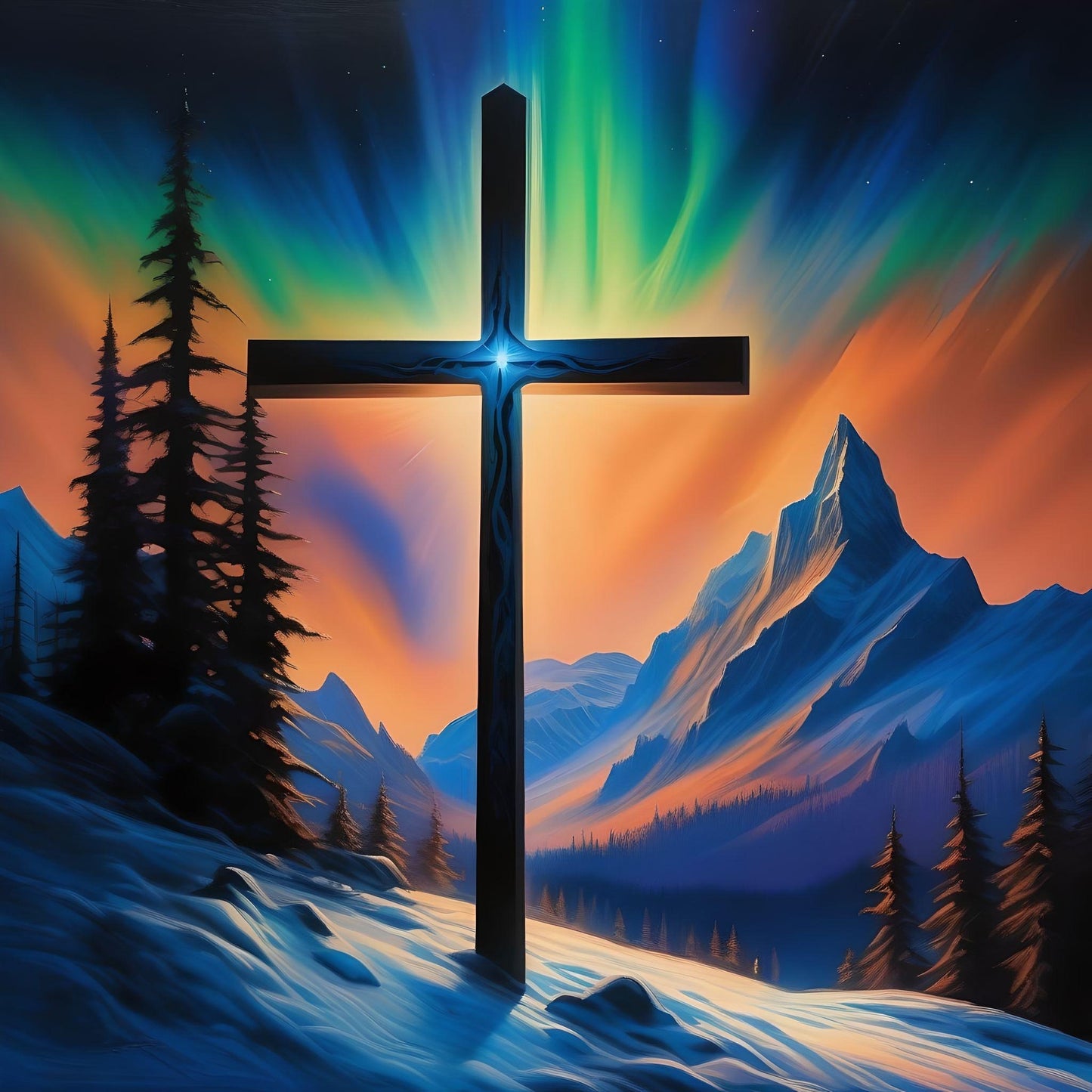 Wood Cross Northern Lights Diamond Art Kit