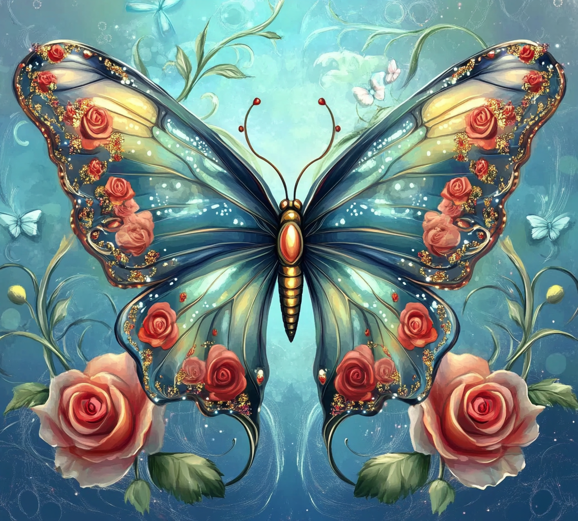 Pink Roses Abstract Butterfly Diamond Art Kit