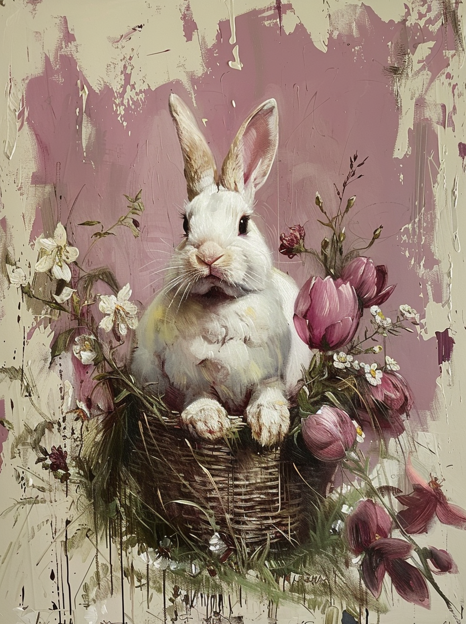 Mauve Tulips And White Rabbit Diamond Art Kit