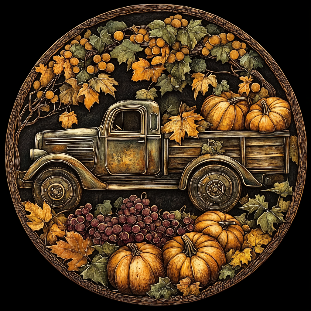 Abstract Vintage Truck Pumpkin Circle Diamond Art Kit