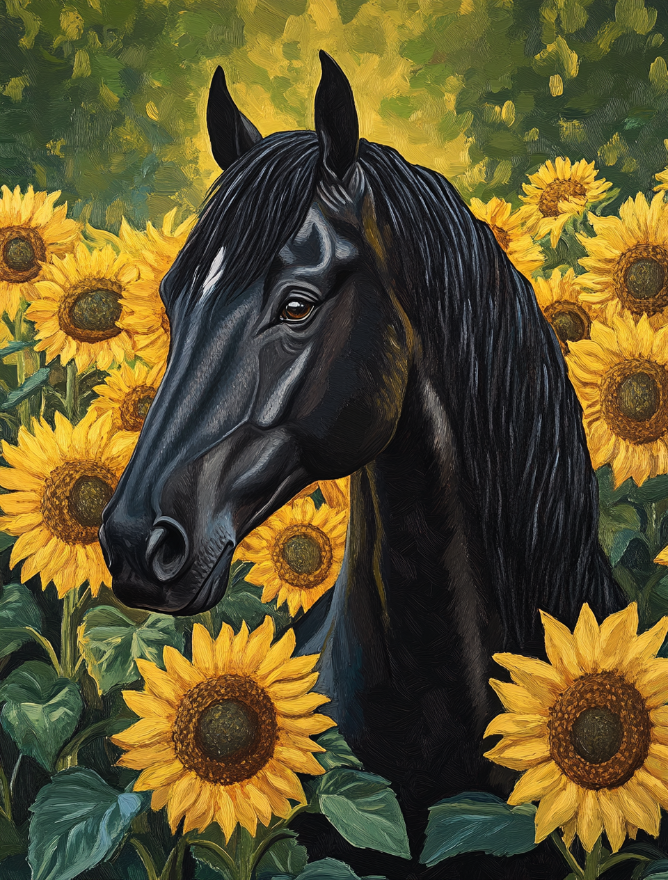 Black Stallion In Sunflowers Diamond Art Kit