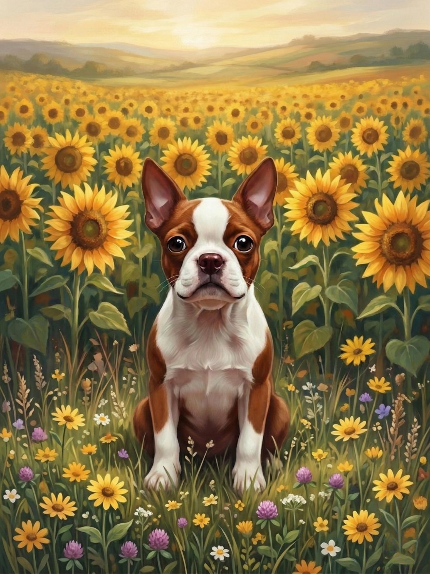 Red Boston Terrier Sunflower Field Diamond Art Kit