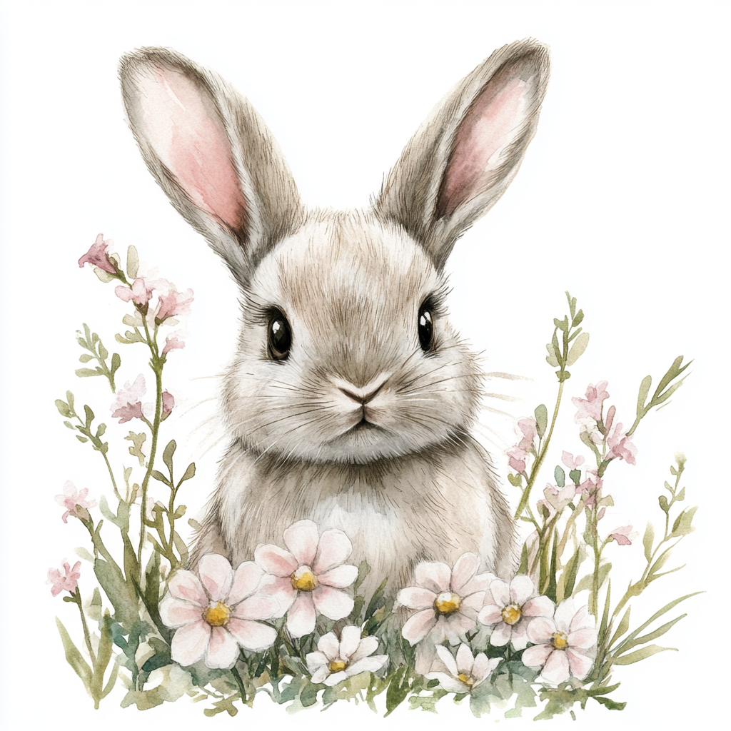 Grey Bunny Watercolor Flowers Diamond Art Kit