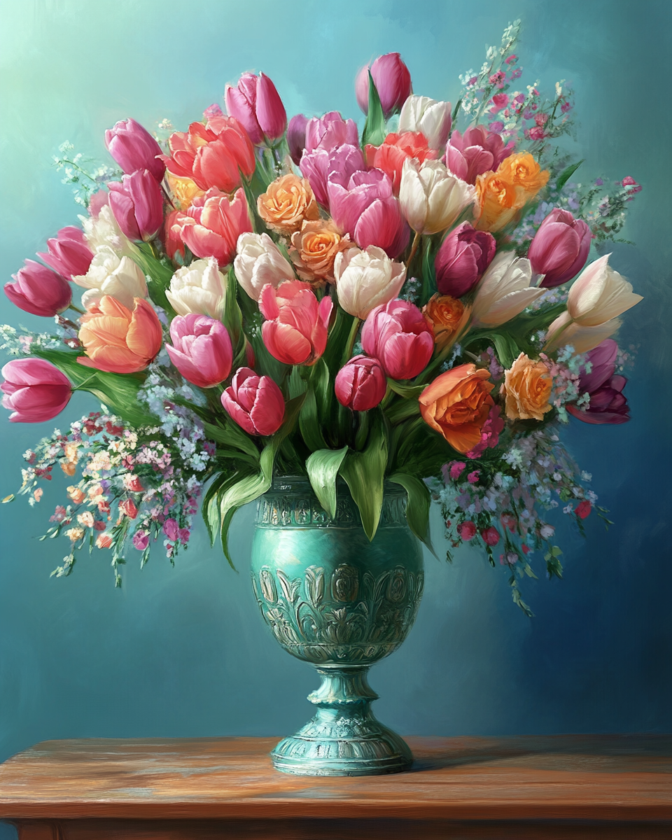 Green Vase Of Colorful Tulips Diamond Art Kit