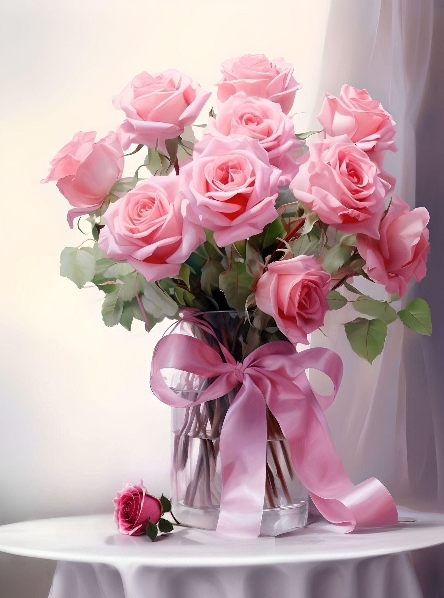 Pink Ribbon And Pink Roses Diamond Art Kit