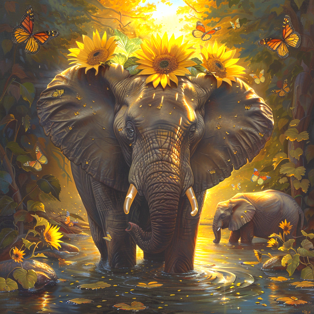 Peeking Light Elephant Flowers Diamond Art Kit