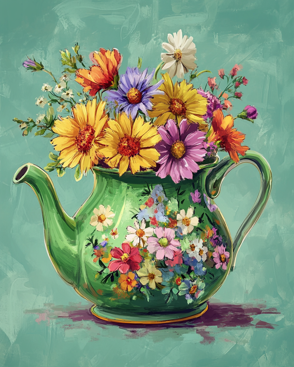 Green Teapot Flowers Diamond Art Kit
