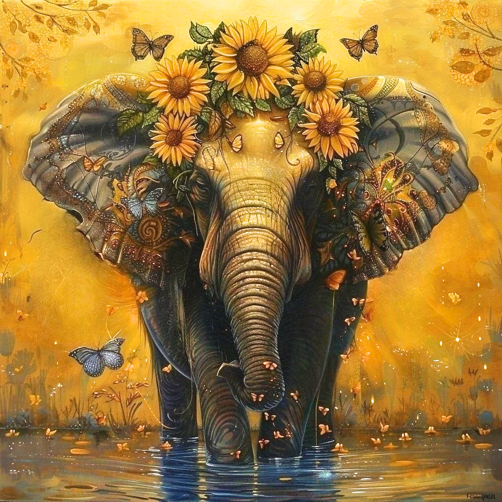 Sunflower Crowned Elephant Diamond Art Kit