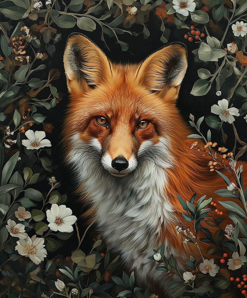 Fox In The White Flowers Diamond Art Kit