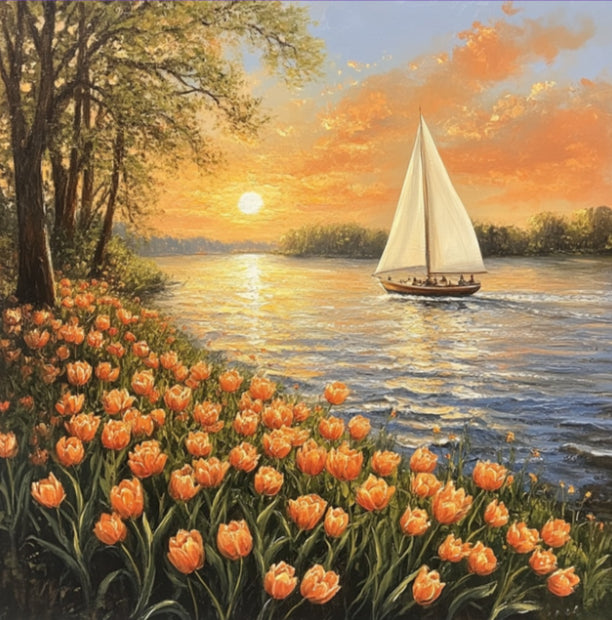 Pink Tulips And Sailboat Diamond Art Kit