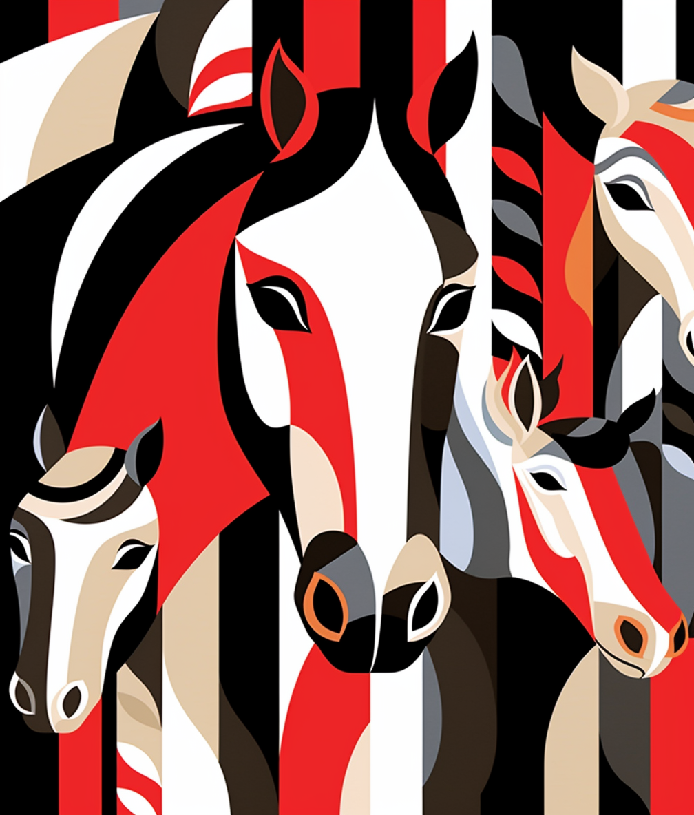 Black White Red Abstract Horses Diamond Art Kit