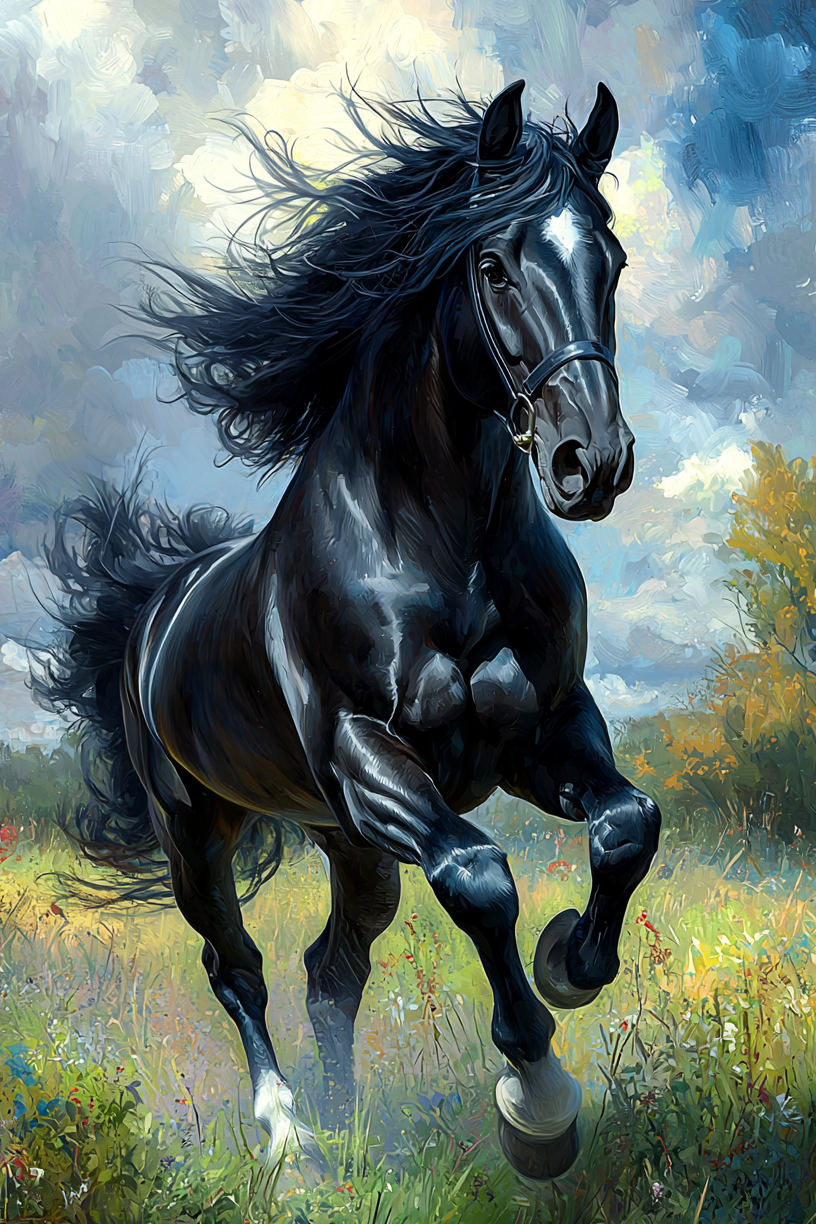 Black Stallion Running Meadow Diamond Art Kit