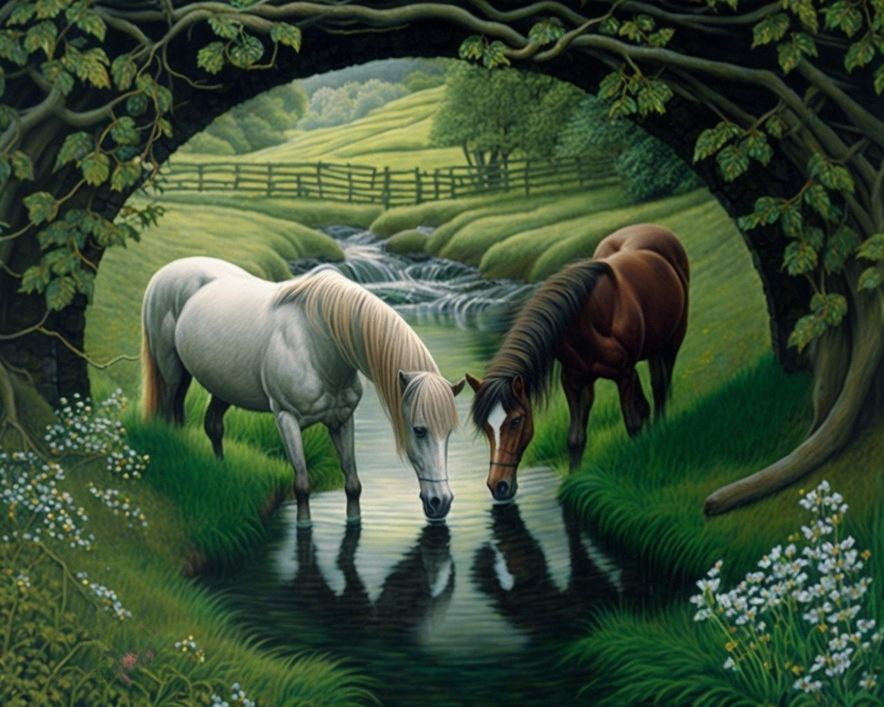 Horses Drinking Stream Diamond Art Kit
