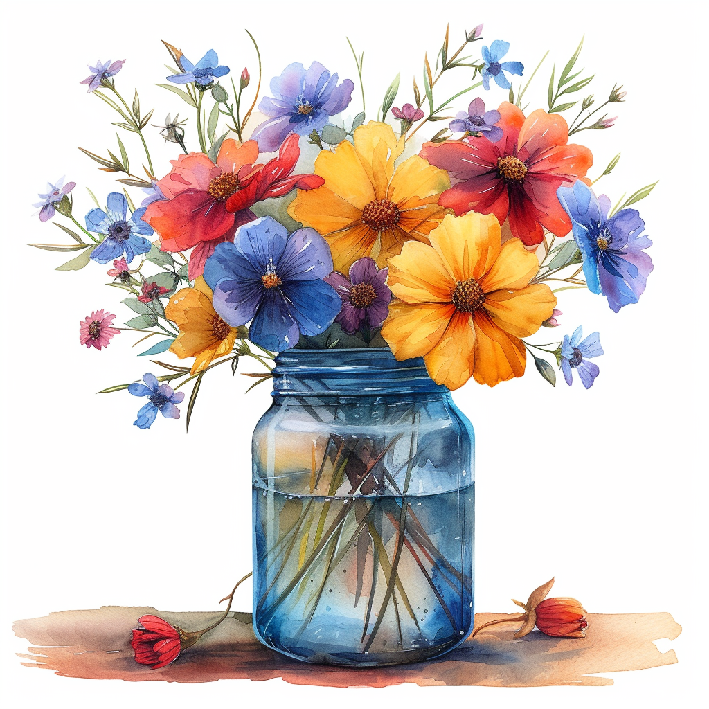 Jar Of Bright Flowers Watercolor Diamond Art Kit