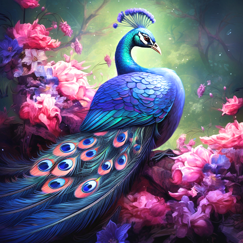 Blue Peacock Pink Flowers Diamond Art Kit