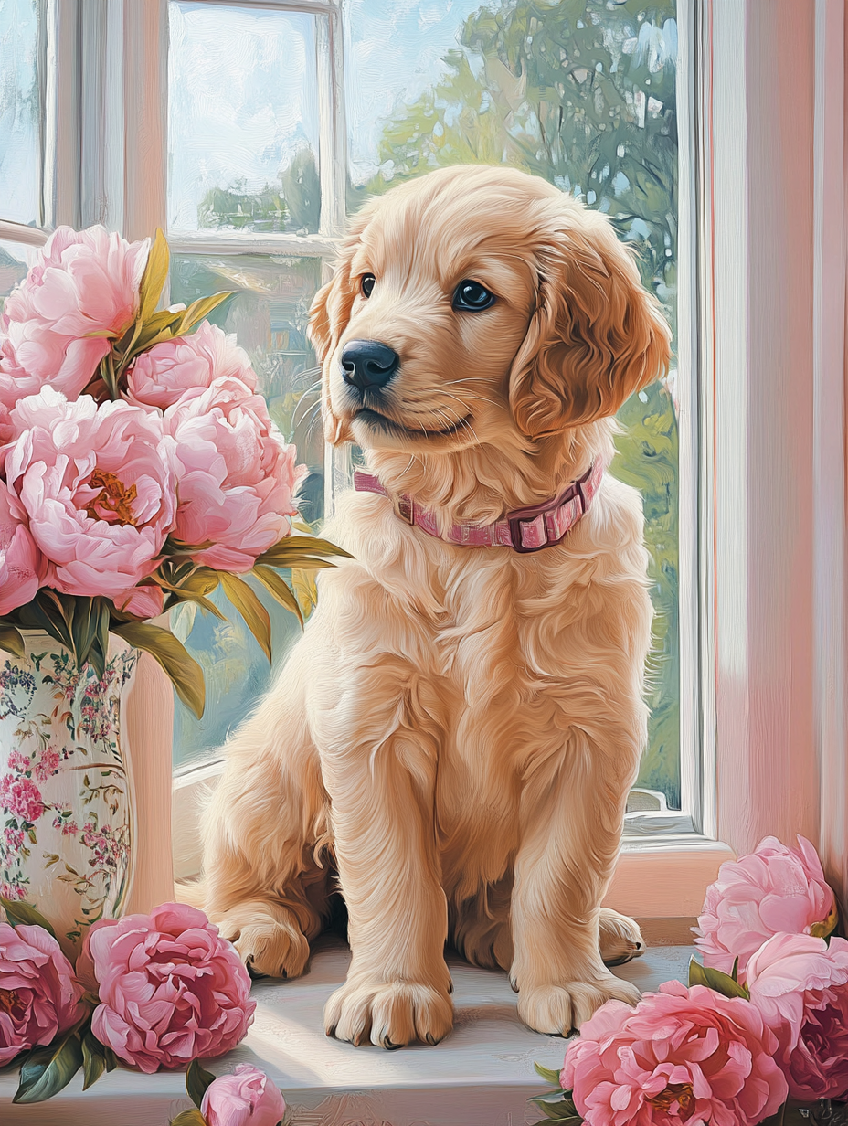 Pink Collar Puppy And Peonies Diamond Art Kit