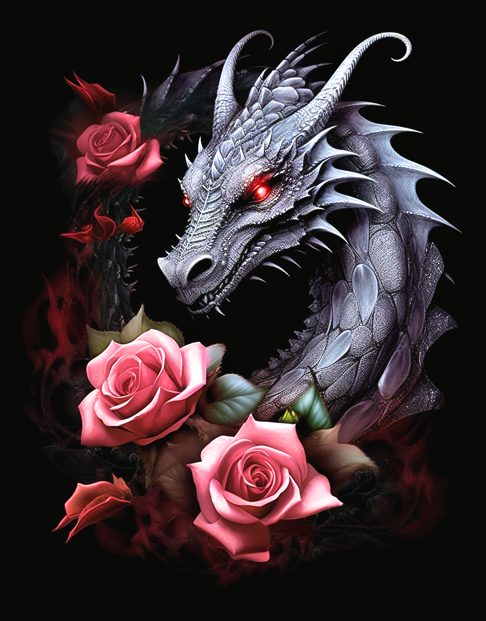 Gray Dragon Pink Roses Diamond Art Kit