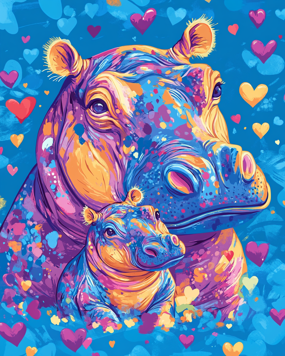 Colorful Hippo Abstract Hearts Diamond Art Kit