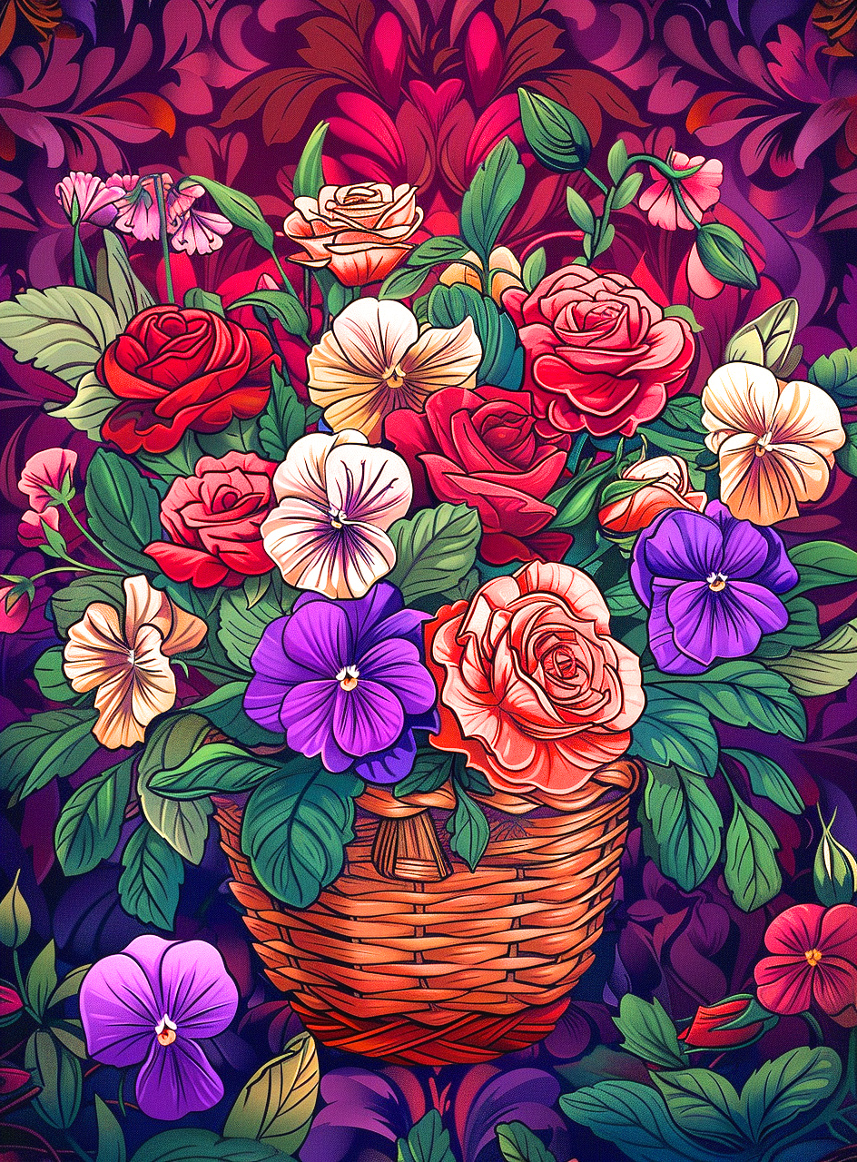 Brown Wicker Flowers Basket Diamond Art Kit
