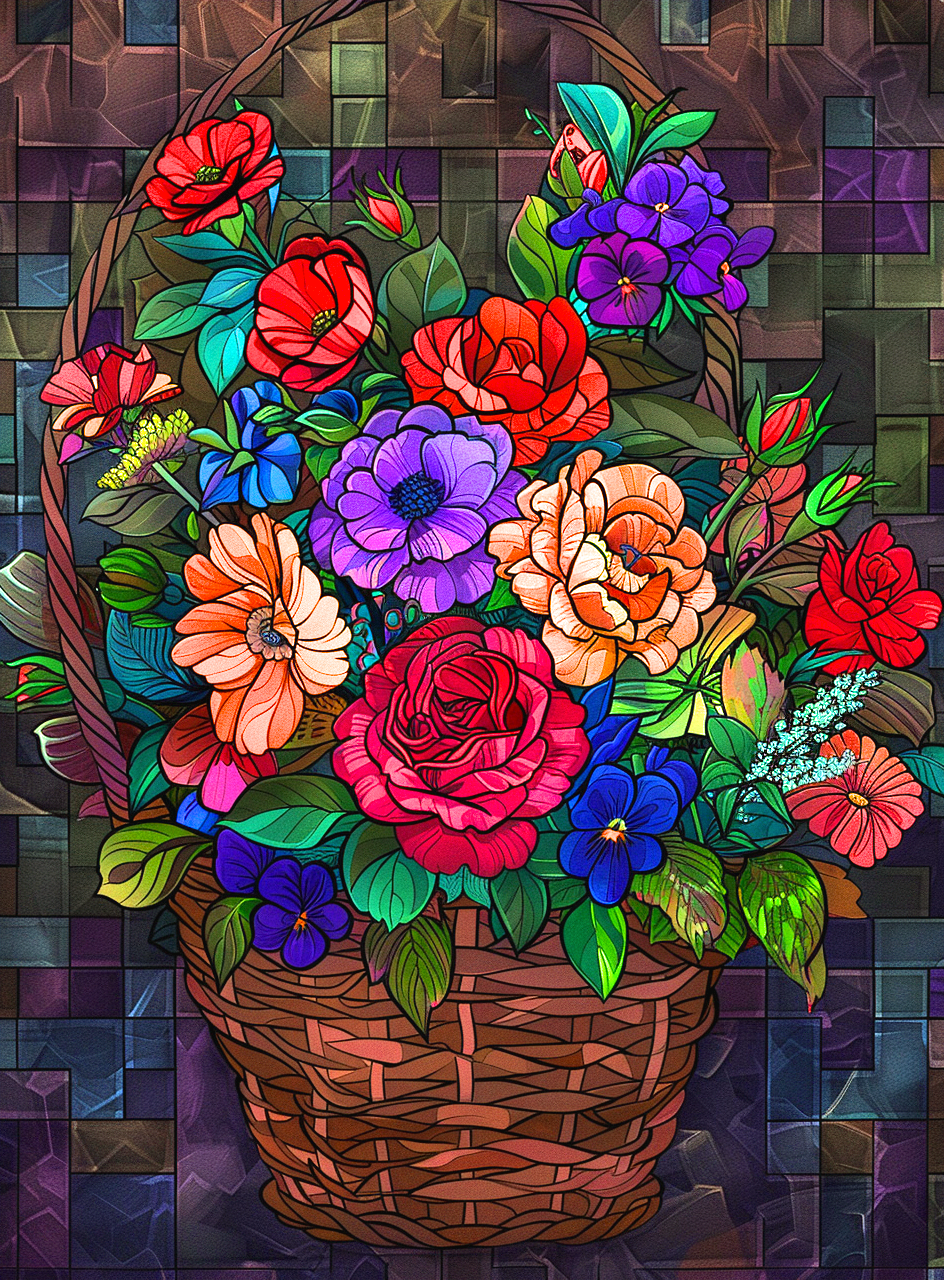 Deep Colored Flowers In A Basket Diamond Art Kit