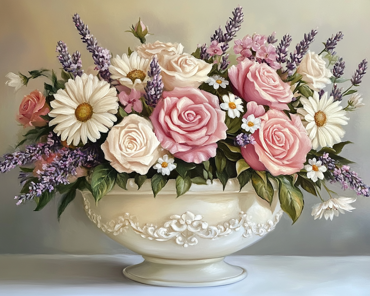 White Bowl Daisies And Pink Roses Diamond Art Kit