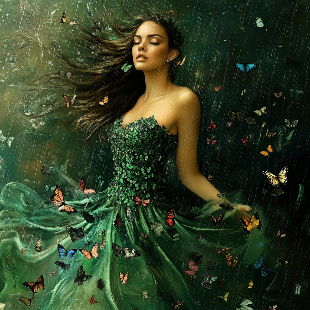Green Dress Girl And Butterflies Diamond Art Kit