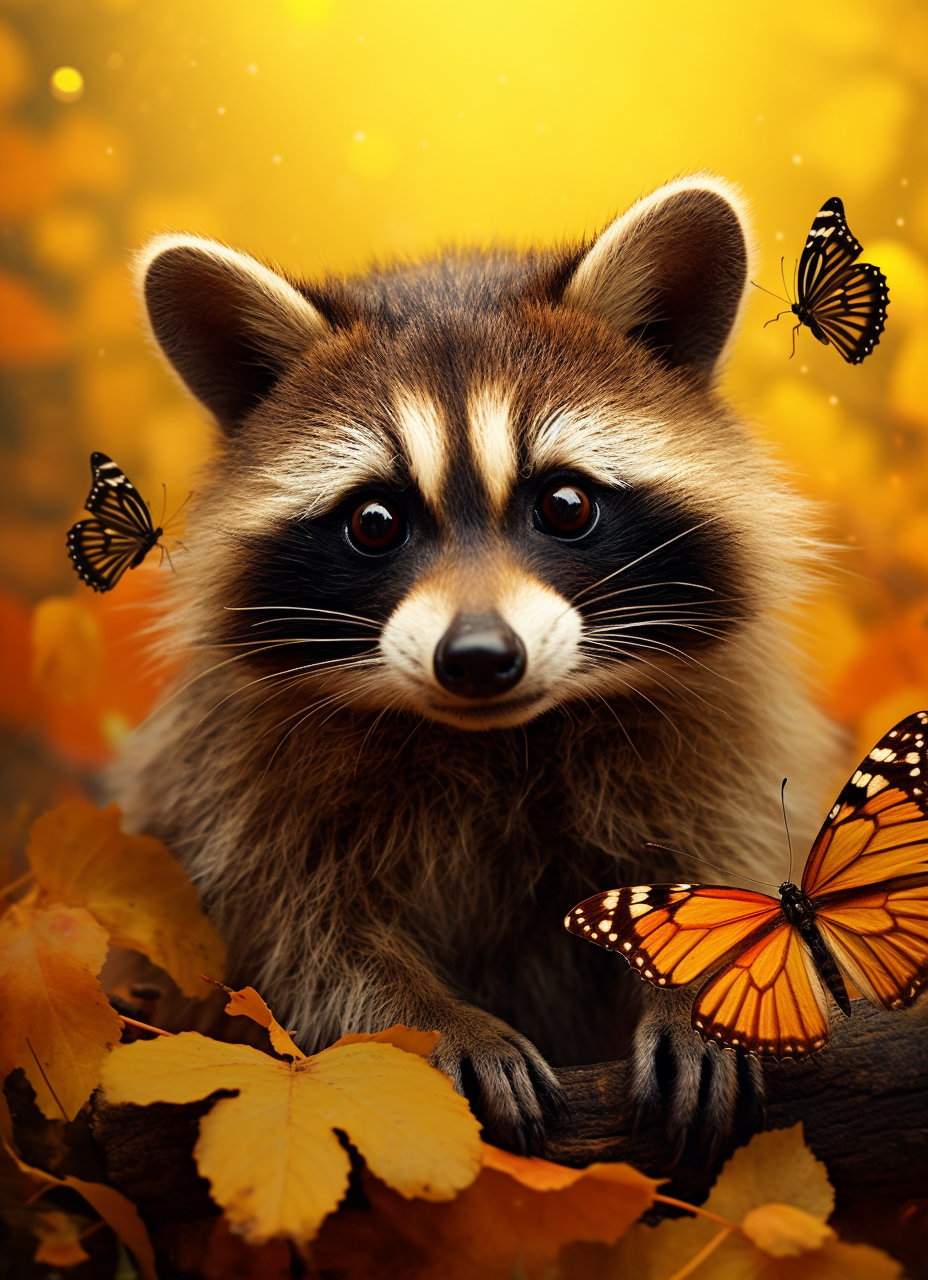 Butterflies Raccoon In Leaves Diamond Art Kit