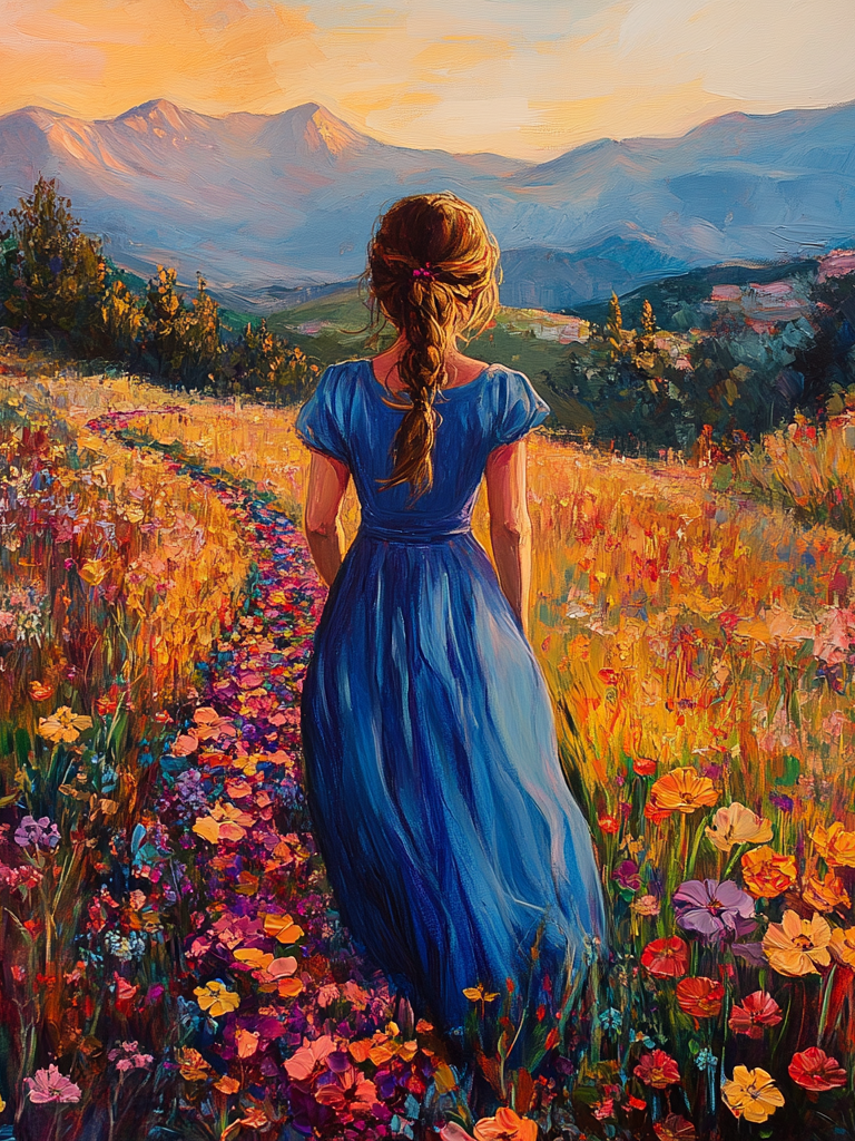 Blue Dress Girl Braid Flowers Diamond Art Kit