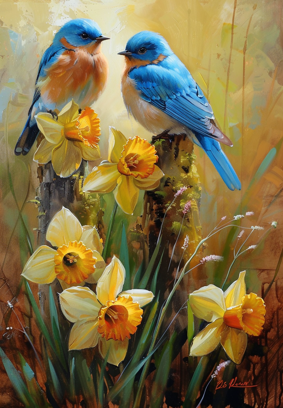 Two Birds On Posts In Daffodils Diamond Art Kit