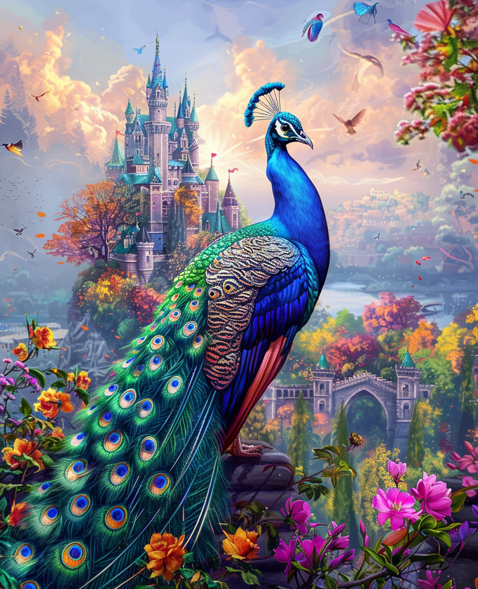 Flowers And Castle Peacock Diamond Art Kit