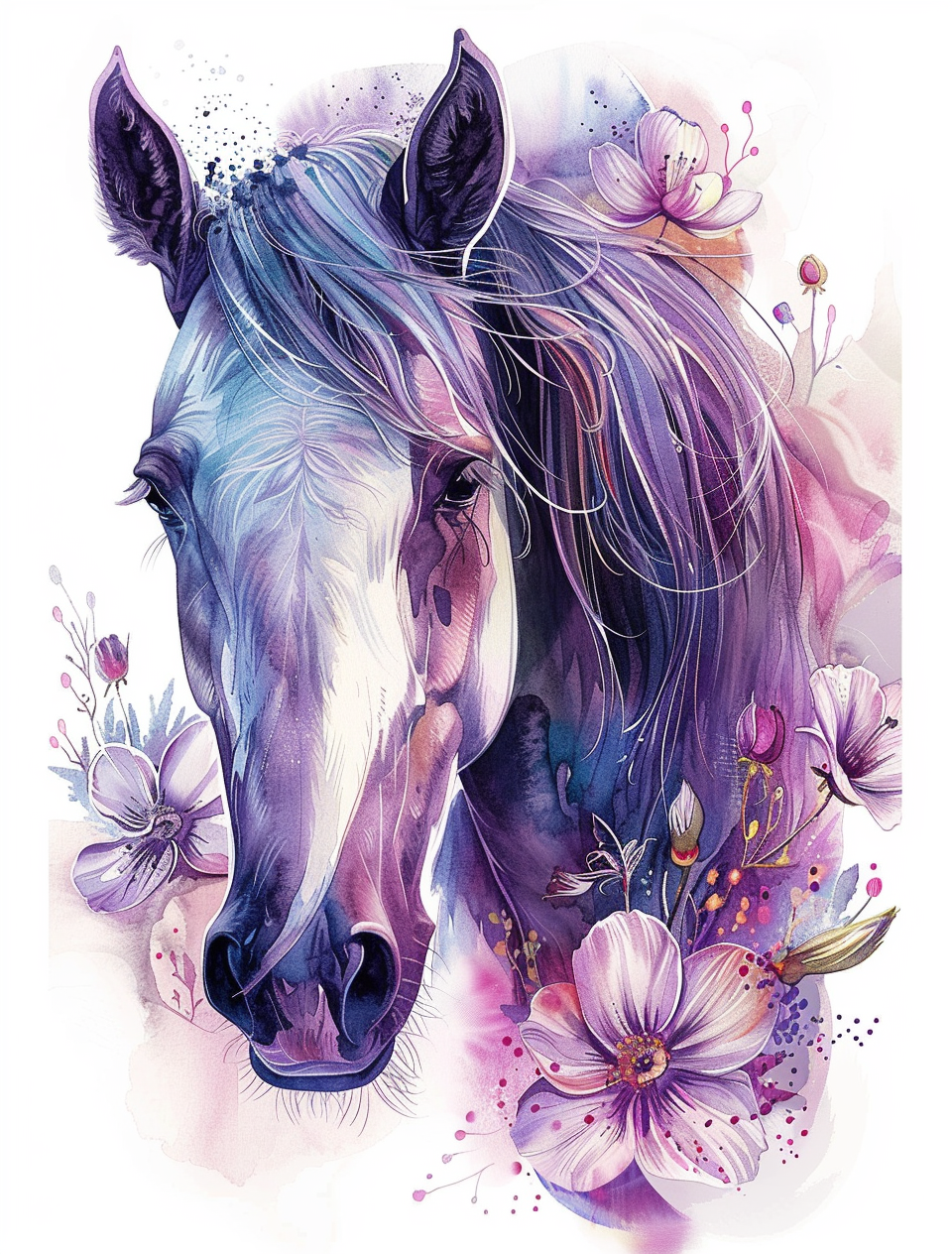 Flowers And Pink Watercolor Horse Diamond Art Kit