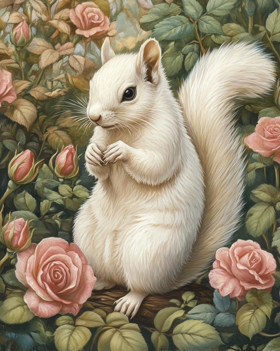 White Squirrel In The Pink Flowers Diamond Art Kit