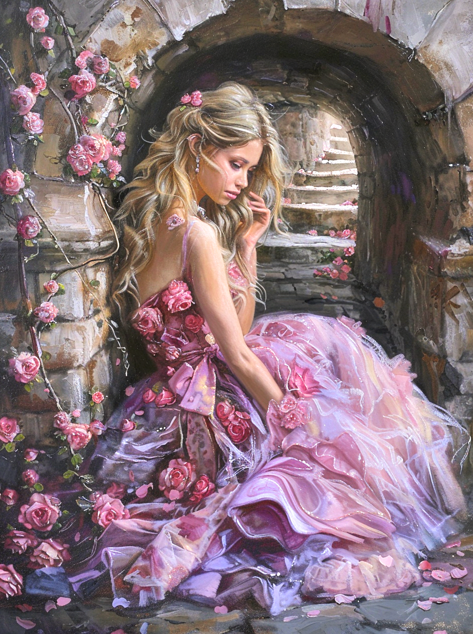 Girl In The Pink Flower Archway Diamond Art Kit