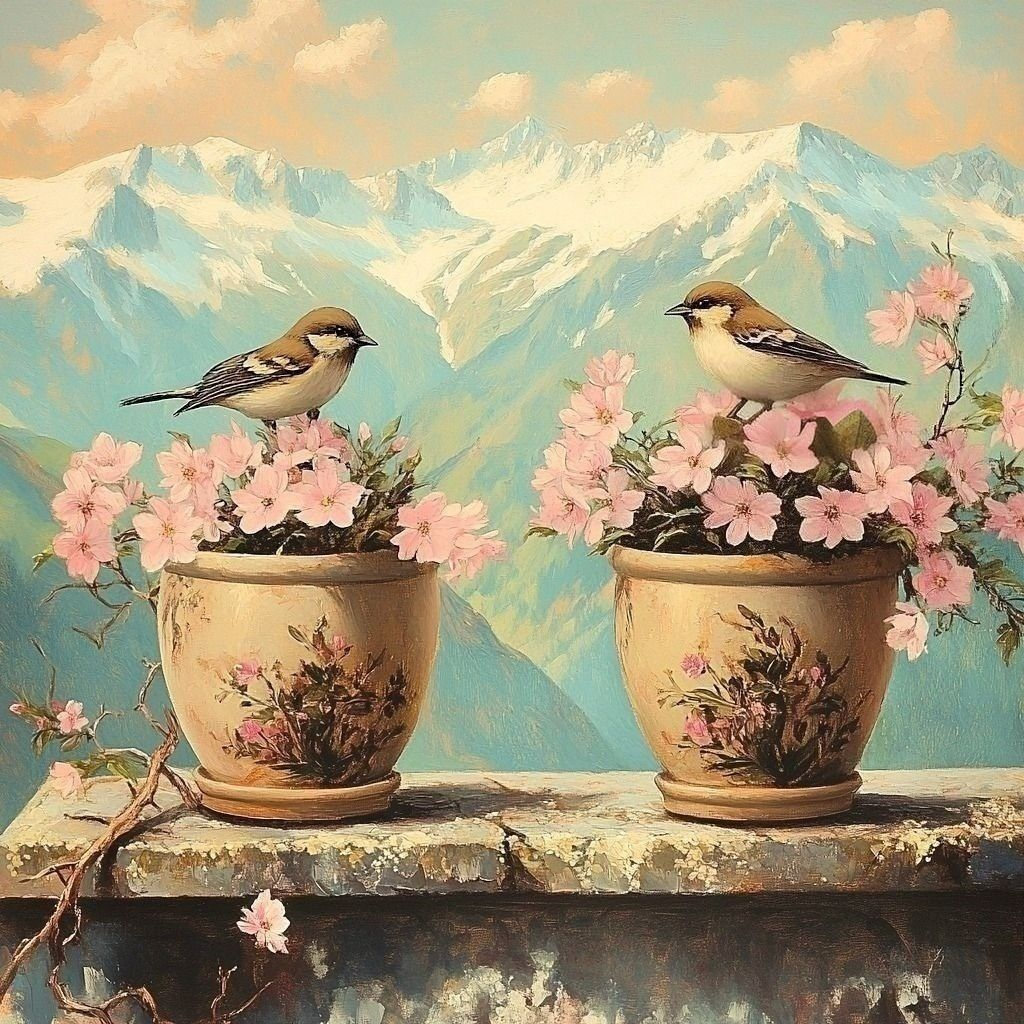 Light Pink Flower Vases Birds Diamond Art Kit