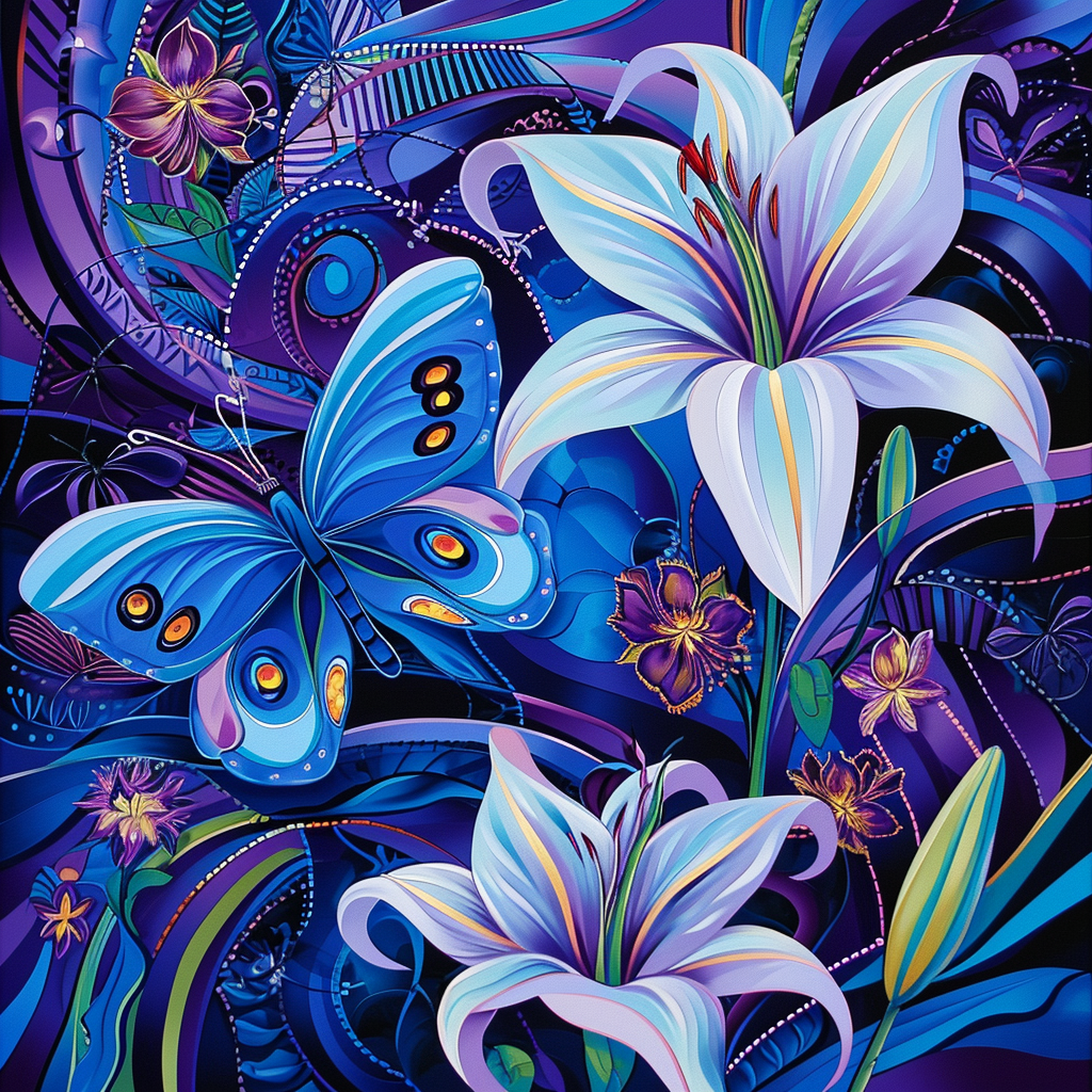 Blue Butterfly Purple Lilies Diamond Art Kit