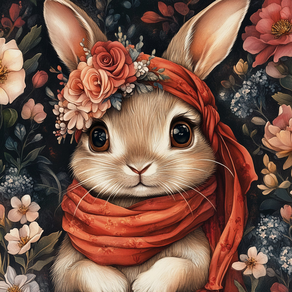 Brown Rabbit Flowers Diamond Art Kit