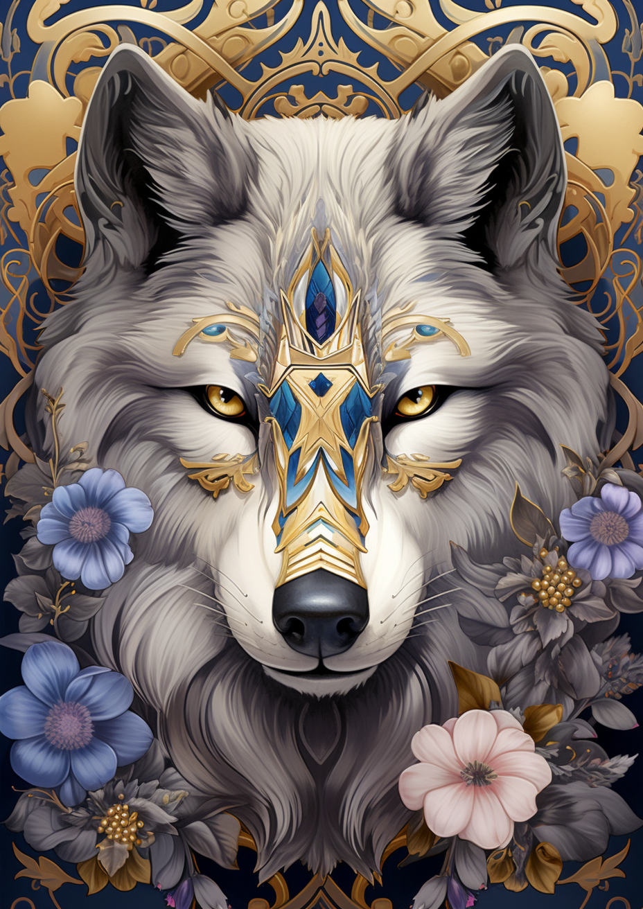 Blue Pink Flower Wolf Diamond Art Kit