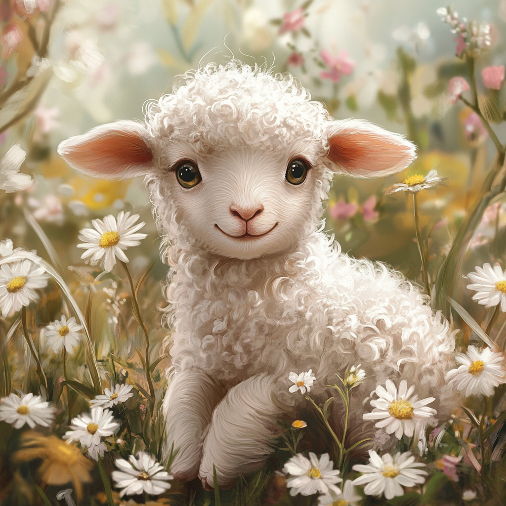 Little Lamb In White Daisies Diamond Art Kit