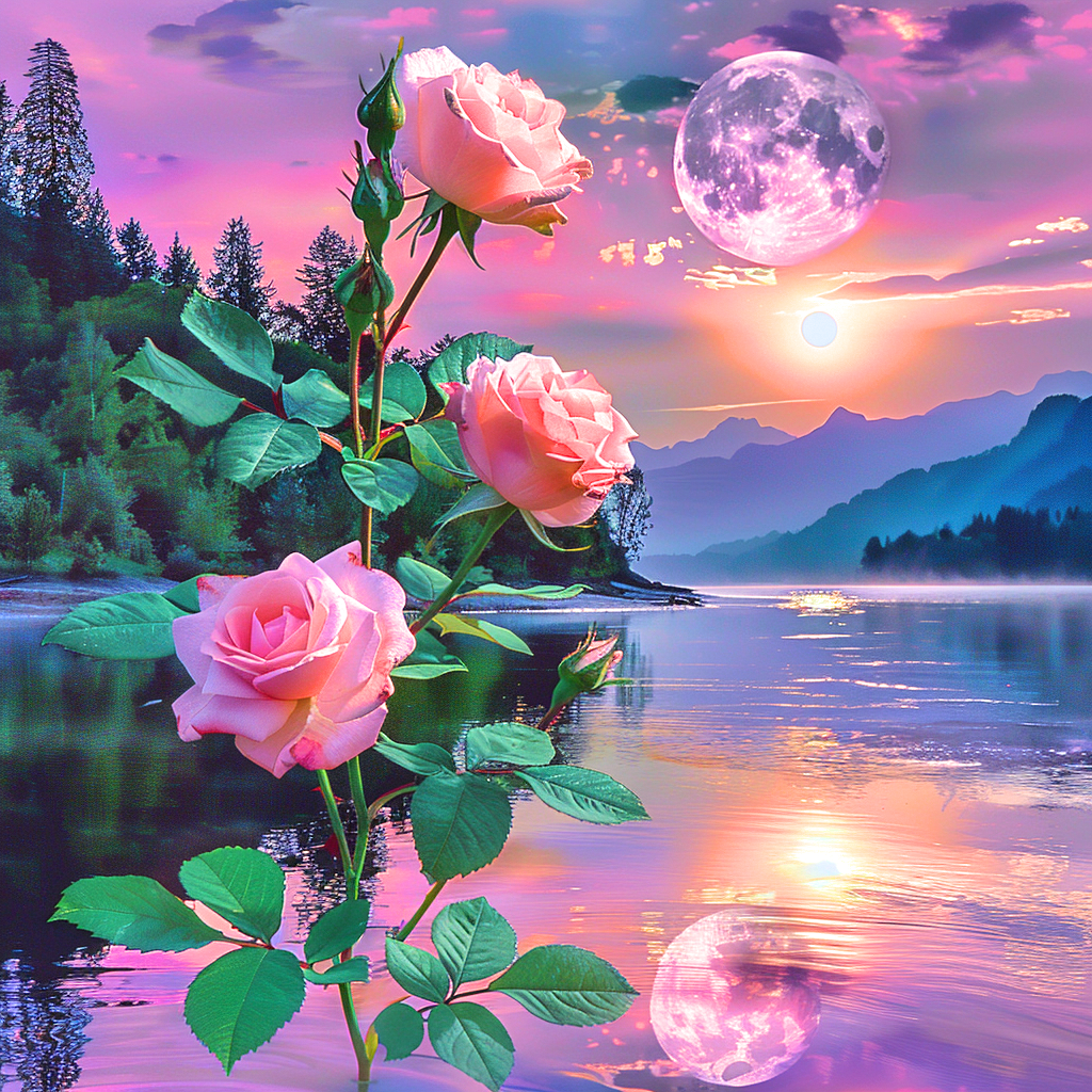 Moon Reflection Pink Roses Diamond Art Kit