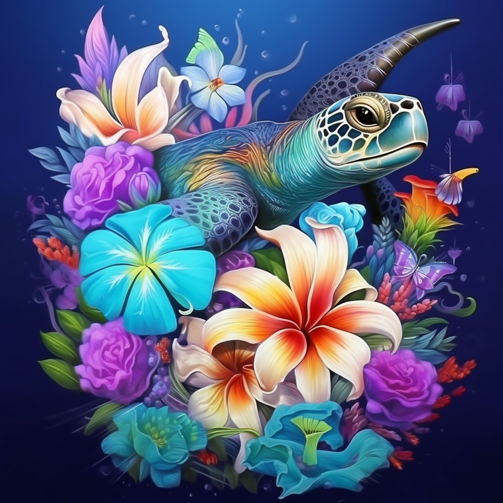 Flowers Around A Sea Turtle Diamond Art Kit