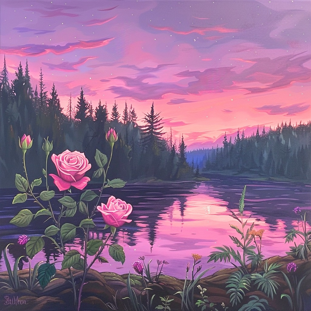 Pink Rosebush Pink Sky Lake Diamond Art Kit