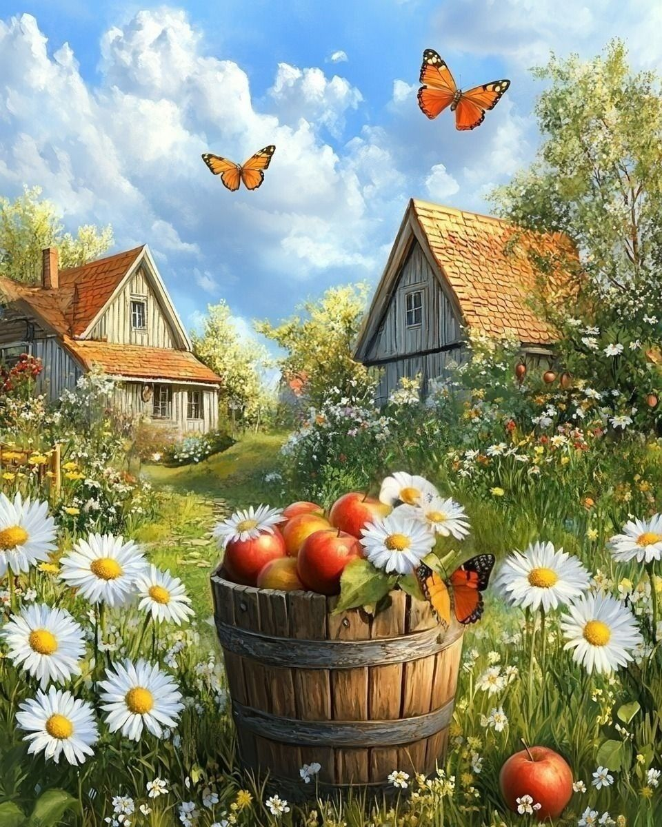 Wooden Basket Of Apples And Flowers Diamond Art Kit