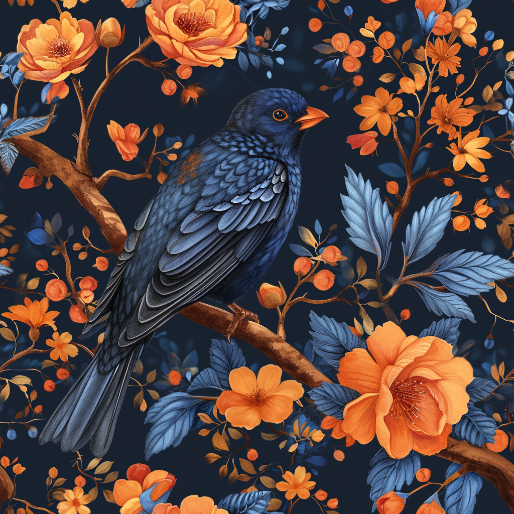 Orange Flowers Dark Bluebird Diamond Art Kit