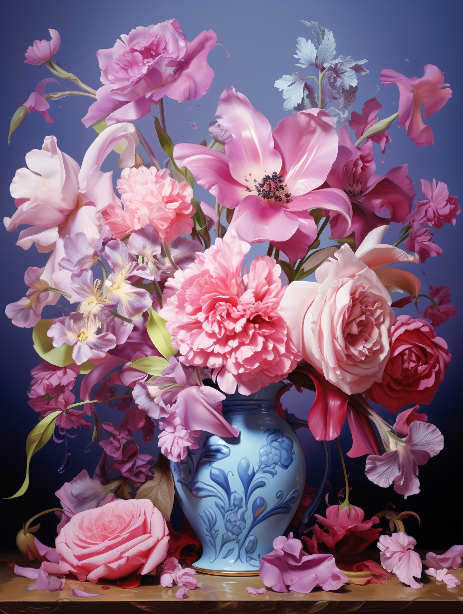 Blue Flower Vase Of Pink Flowers Diamond Art Kit