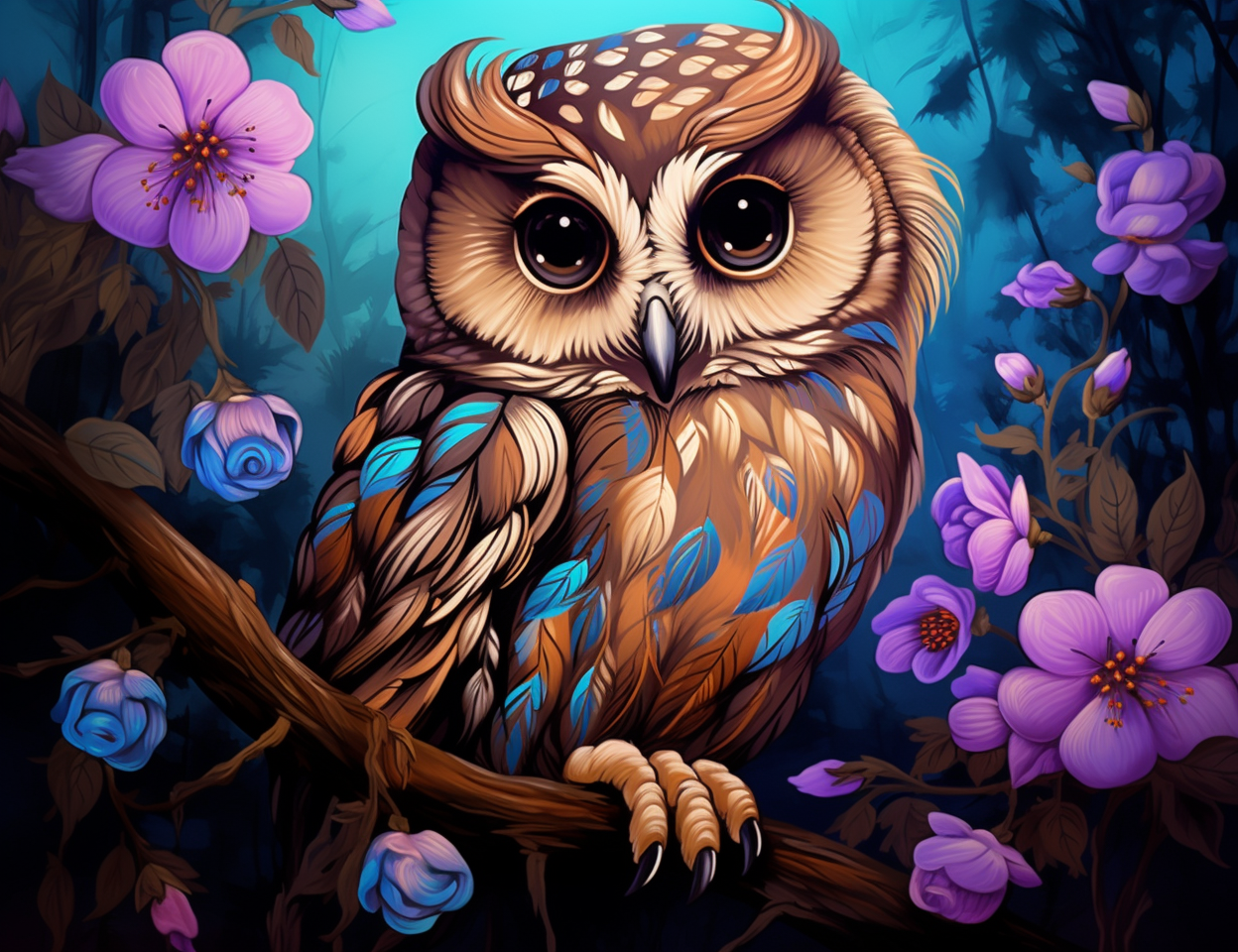Purple Flower Brown Owl Diamond Art Kit