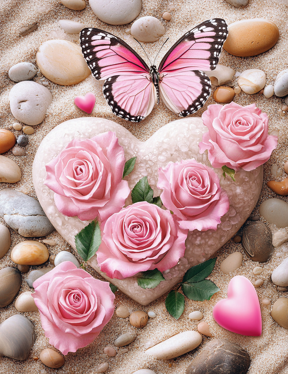 Heart Stone Pink Roses Diamond Art Kit