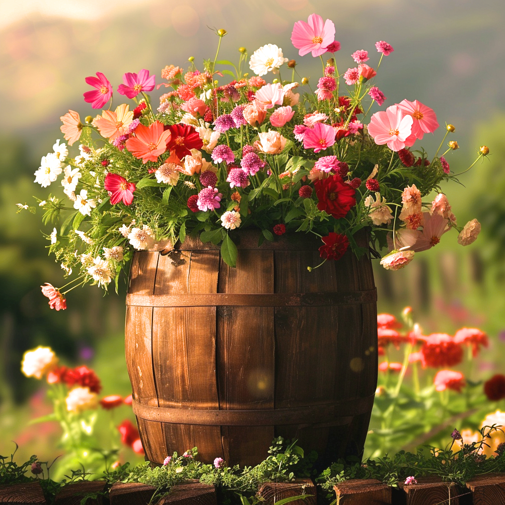 Wood Barrel Of Flowers Diamond Art Kit