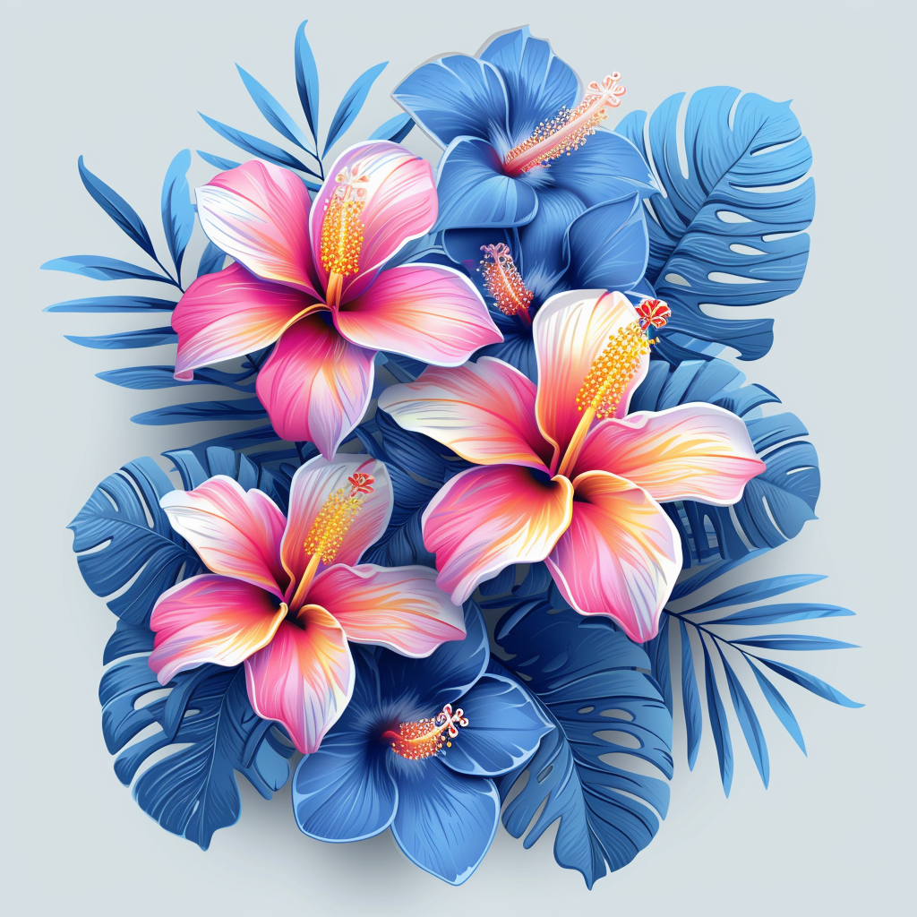 Blue Leaves And Tropical Flowers Diamond Art Kit