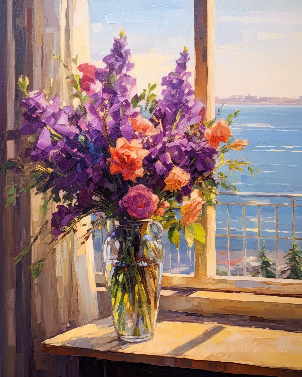 Purple Flowers Seaside Window Diamond Art Kit